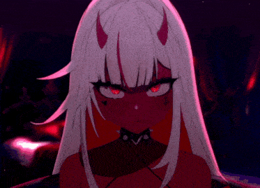 a girl with white hair and red horns has a cross tattoo on her forehead