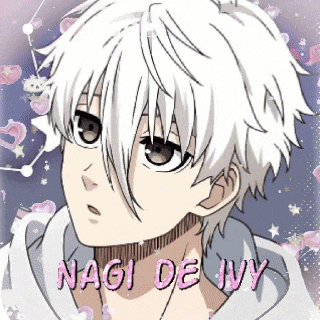a drawing of a boy with white hair and the name nagi de ivy on it