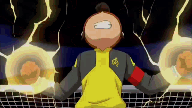 a cartoon character with a red armband on his arm is standing in front of a net