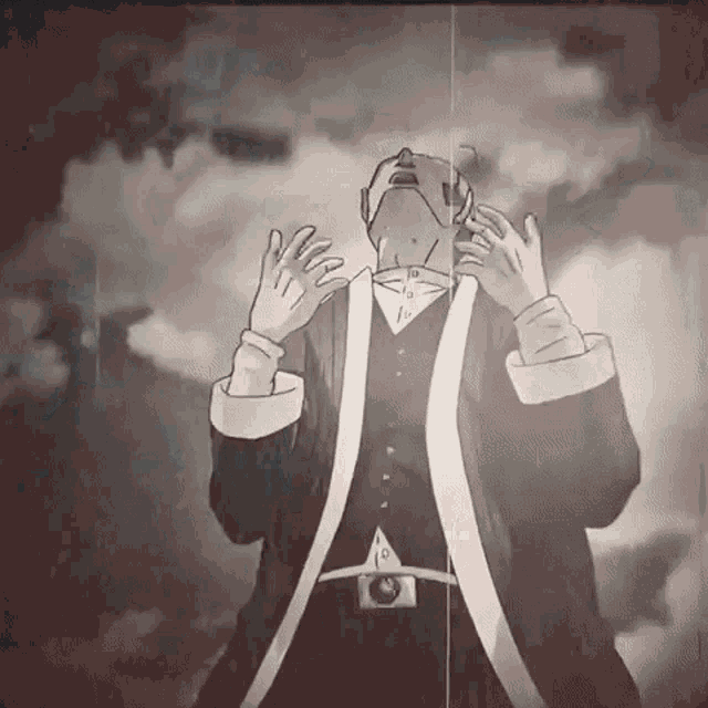 a man in a suit is standing in front of a cloudy sky with his hands on his face .