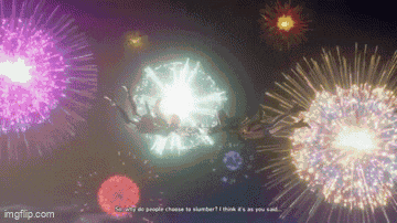 a screenshot of a video game shows fireworks exploding in the night sky