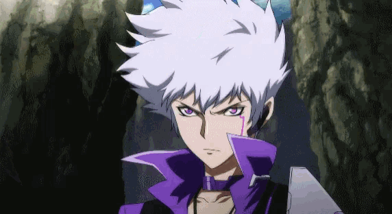 a purple and white anime character with purple eyes