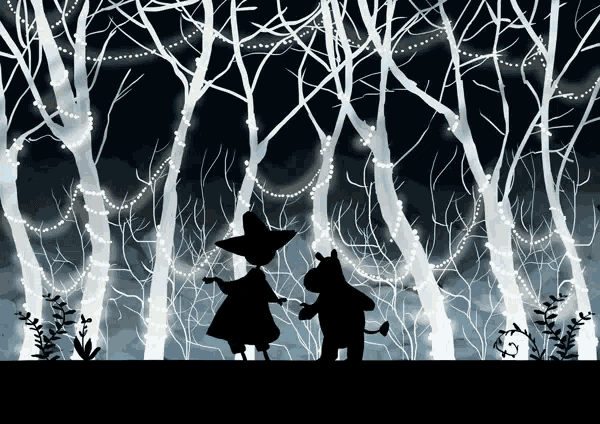 a silhouette of a girl and a cat standing in a forest