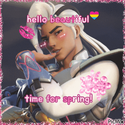 a picture of a man with the words hello beautiful time for spring written on it
