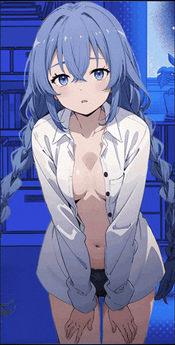 a naked anime girl with blue hair and braids is standing in front of a bookshelf