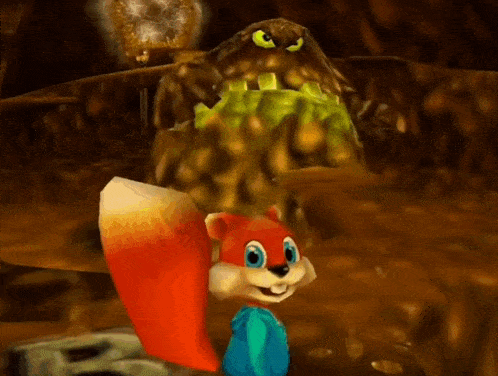 a cartoon squirrel standing in front of a monster