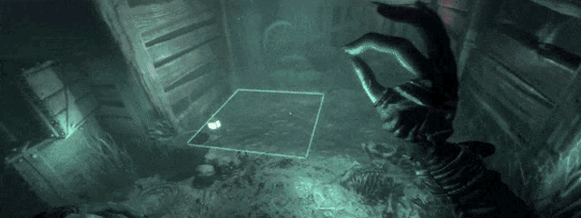 a video game scene with a glowing square in the middle