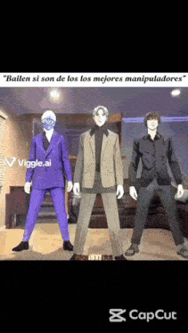 three men in suits are dancing in a living room captioned bailen si son de los los mejores manipuladores