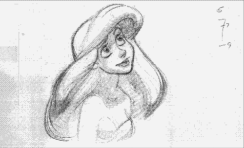 a black and white drawing of a woman with long hair and the number 63