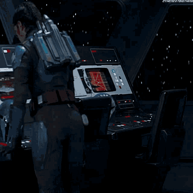 a man in a space suit is standing in front of a control panel that says ' ethenextthing '