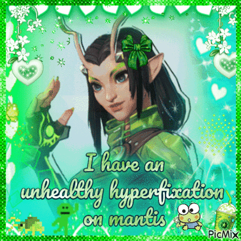 a picture of a woman with horns and the words " i have an unhealthy hyperfixation on mantis " on the bottom