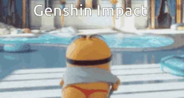 a minion is standing in front of a pool with the words genshin impact written on it