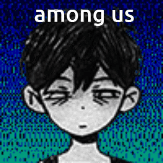 a black and white drawing of a boy with a blue background and the words `` among us '' .