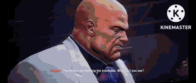 a bald man in a suit and tie is talking to another bald man in a suit and tie in a video game .