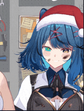 a blue haired anime girl wearing a santa hat is smiling