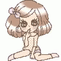 a pixel art drawing of a girl sitting on the floor with a bow in her hair .