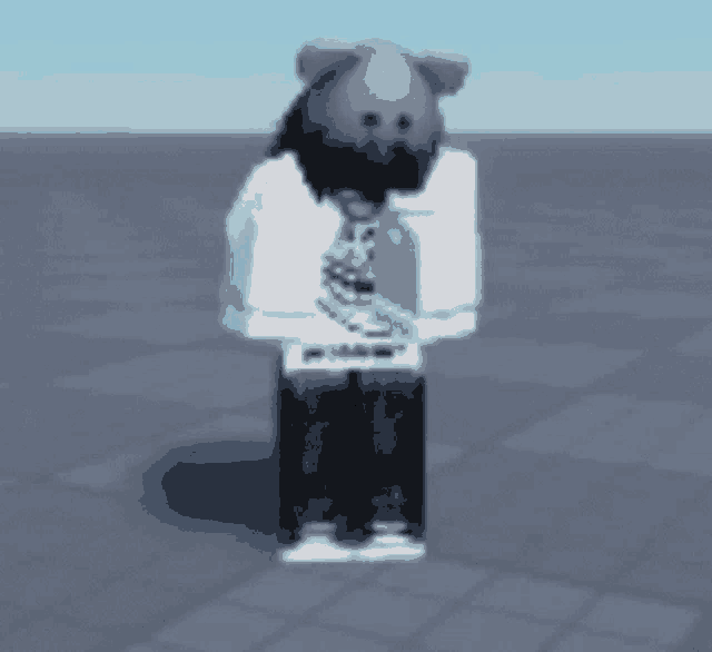 a cartoon character with a beard is standing on a tiled floor .