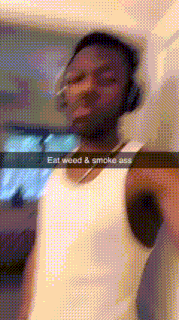 a man wearing headphones and a white tank top is taking a selfie with the caption eat weed and smoke ass .