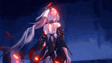 a girl with long white hair is standing in a dark room holding a sword in her hand .