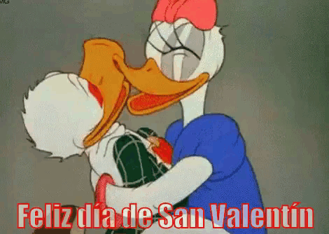 a cartoon of donald duck kissing daisy duck with the words feliz dia de san valentin in red letters