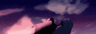 a cartoon of a man standing in the clouds with a sword .