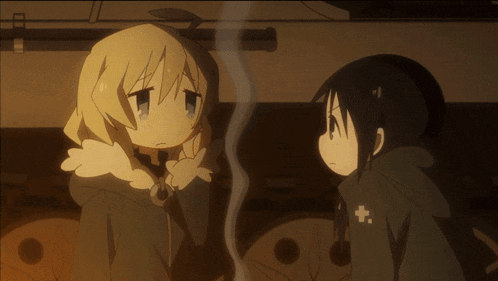 two anime characters are standing next to each other and one has a cross on her sleeve