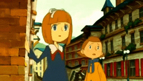 a boy and a girl are standing next to each other in front of a building