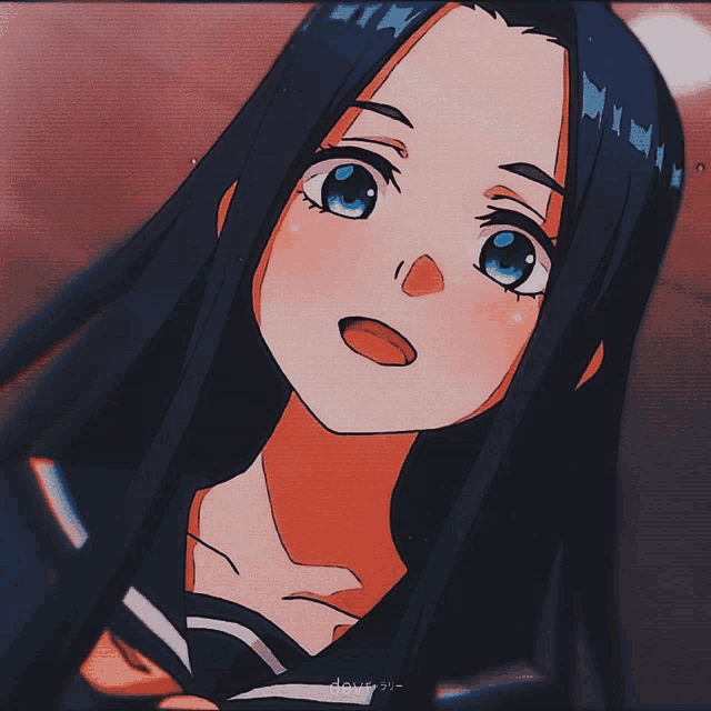 a drawing of a girl with long black hair and blue eyes with the word devi on the bottom