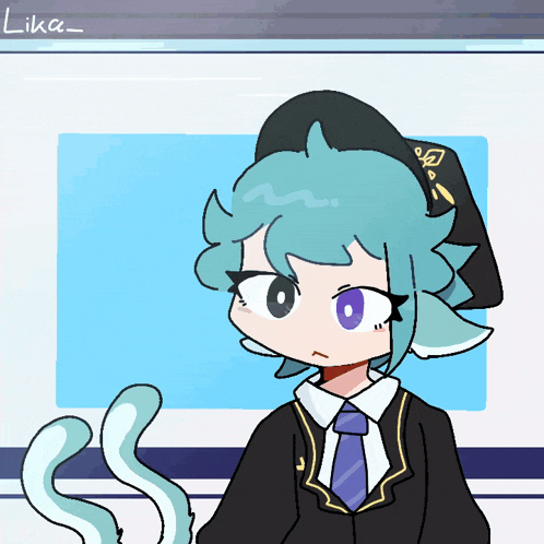 a drawing of a girl with blue hair and purple eyes with the name lika on the bottom right
