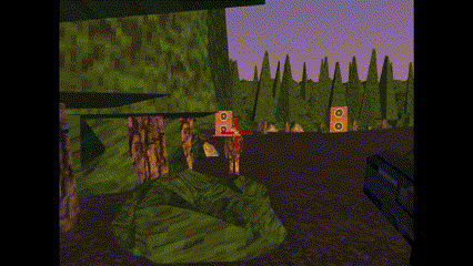 a computer generated image of a room with a red cross in the middle
