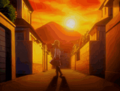 a woman walking down a narrow alleyway at sunset