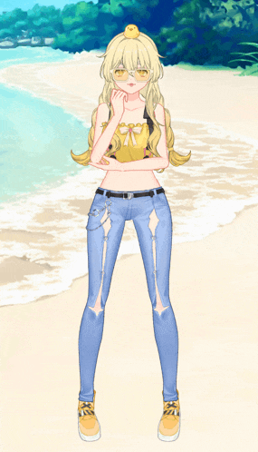 a girl with a duck on her head stands on a beach