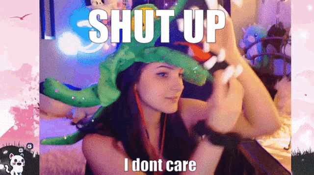 a woman wearing a crocodile hat says shut up i don t care