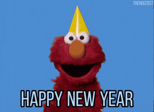 elmo from sesame street is wearing a yellow party hat and wishing a happy new year