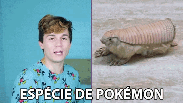 a man in a mickey mouse shirt is next to a pokemon