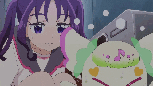 a girl with purple hair is holding a stuffed animal with a note on its face