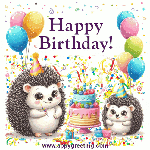 a birthday card with two hedgehogs and a birthday cake