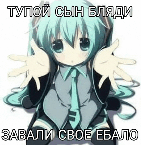 a girl with blue hair and a tie is hugging herself with her hands outstretched .