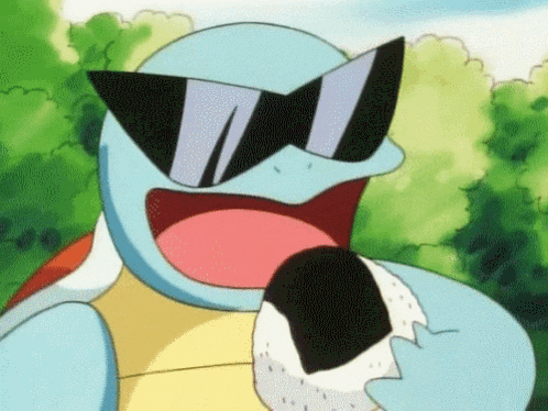 squirtle from pokemon is wearing sunglasses and eating a piece of rice .