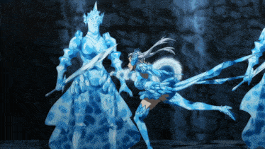 a woman in a blue dress is being attacked by a knight in a blue armor
