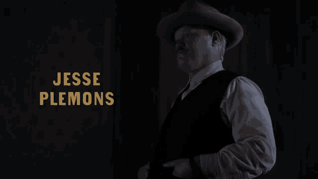 a man in a hat and vest with the name jesse plemons on the bottom right