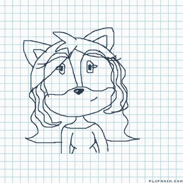 a drawing of a fox with long hair on a grid paper