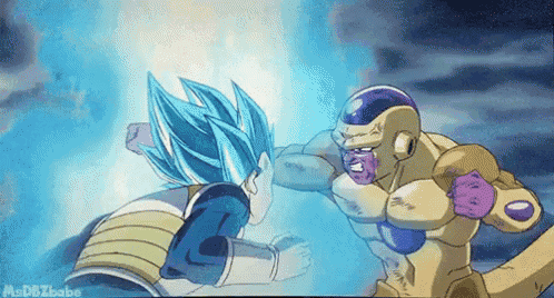 a cartoon of vegeta and frieza fighting each other in a boxing match .