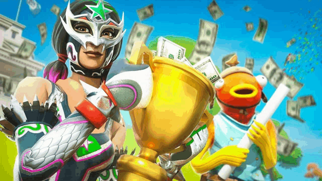 a woman in a mask is holding a trophy next to a fish with money falling around them