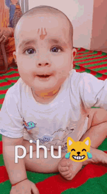 a baby is sitting on a red and green striped blanket with the word pihu written on the bottom .