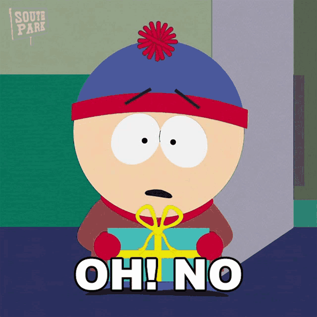 stan marsh from south park is holding a gift box and saying oh no