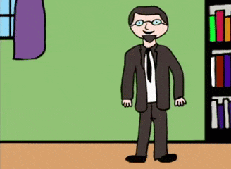 a cartoon of a man in a suit and tie standing in front of a splash of brown liquid