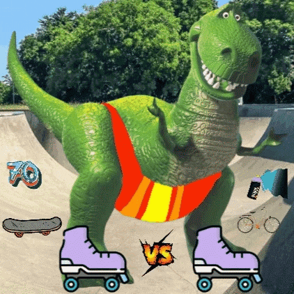 a toy story rex is wearing roller skates and a skateboard .
