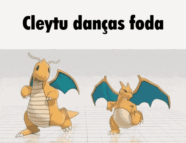 two cartoon dragons are dancing in front of a white background with the words cleytu dancas foda