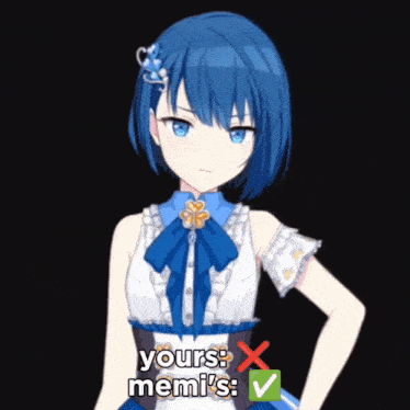 a picture of a girl with blue hair and the words yours memi 's on it